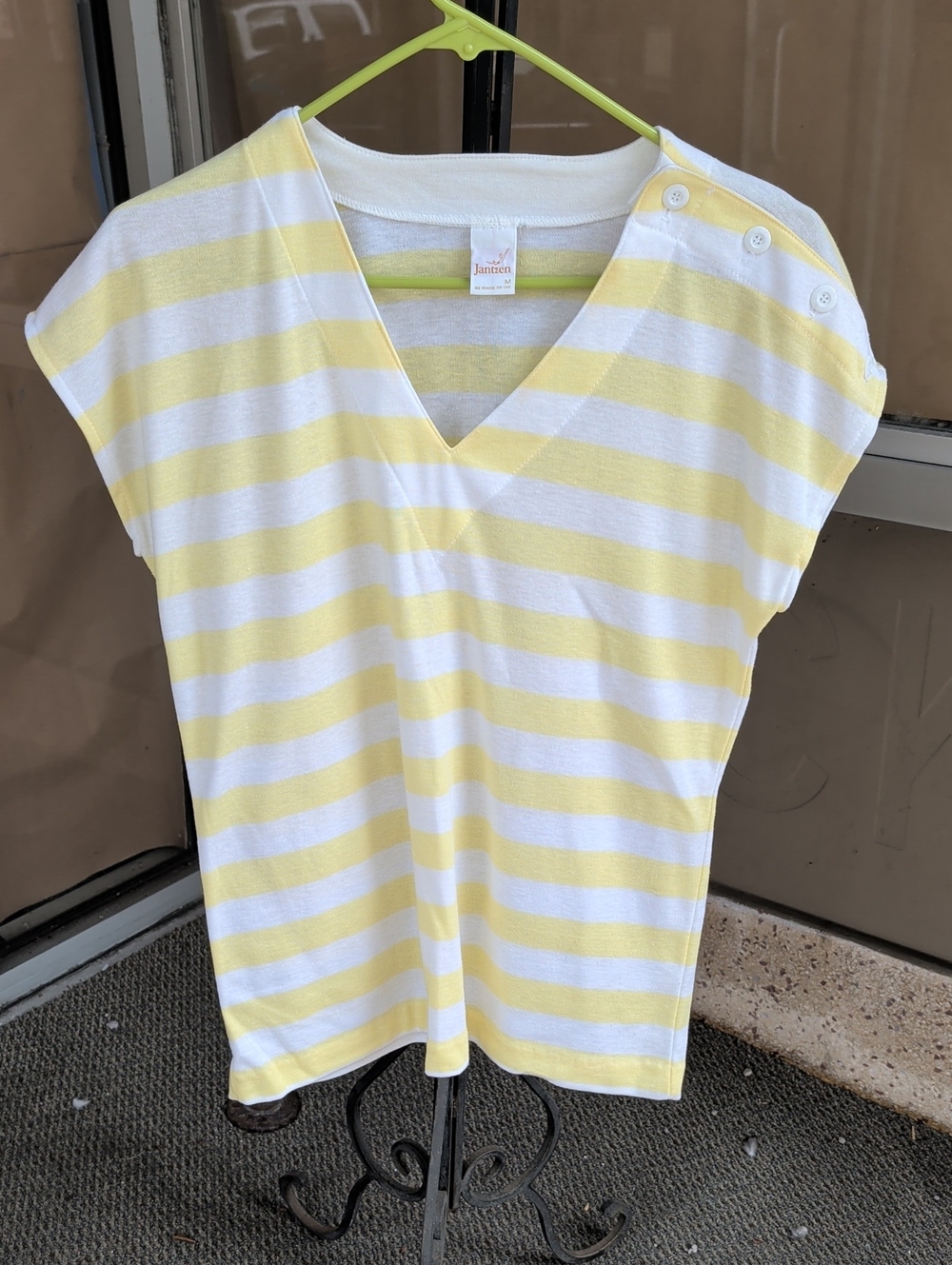 70s Jantzen Yellow and White Striped V-Neck Button-Shoulder Tee